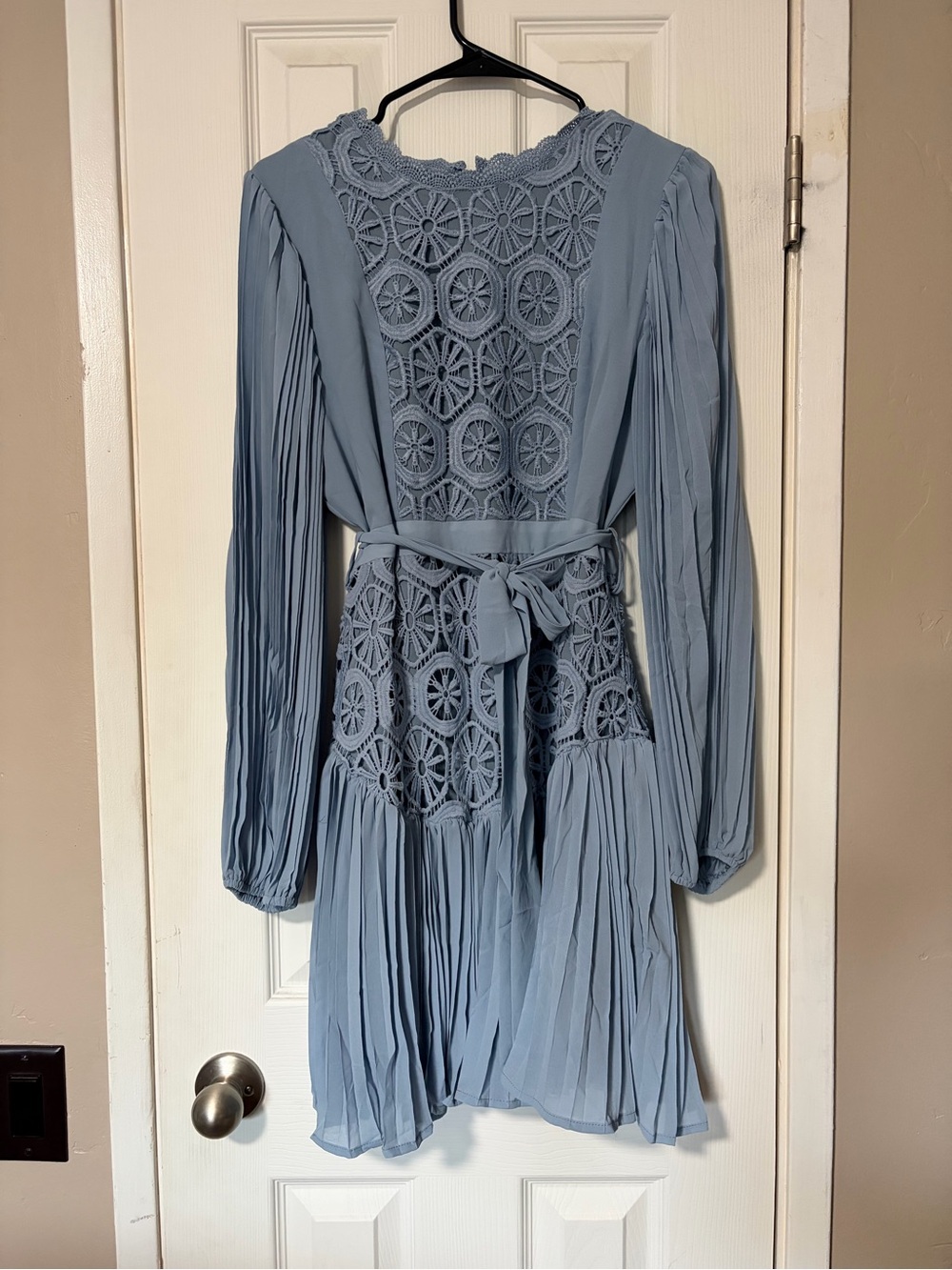 Just Me Light Blue Crochet-Front Pleated Long Sleeve Dress